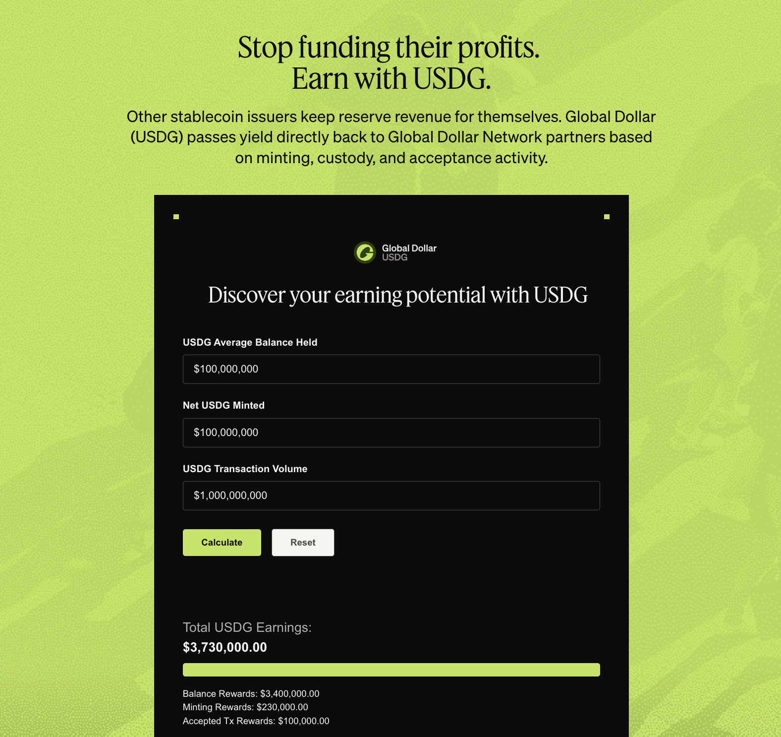 Screenshot from Global Dollar Network website focusing on the earnings potential of using USDG